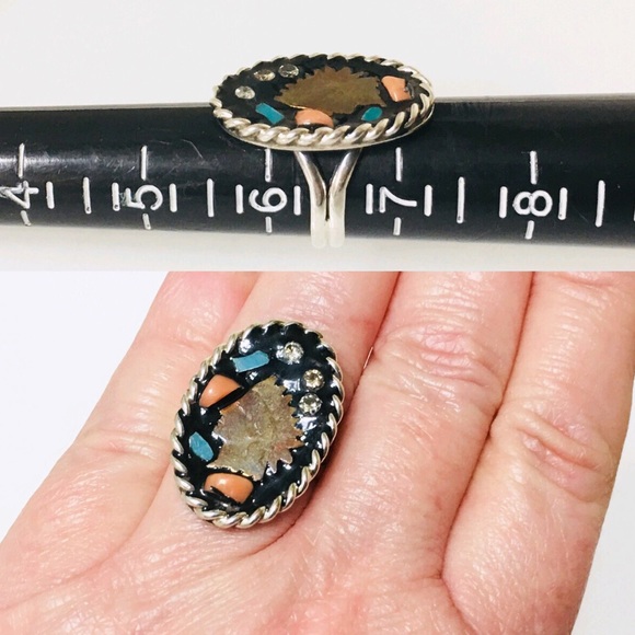 Sterling Silver Turquoise Diamond Indian Head Ring - Picture 5 of 8